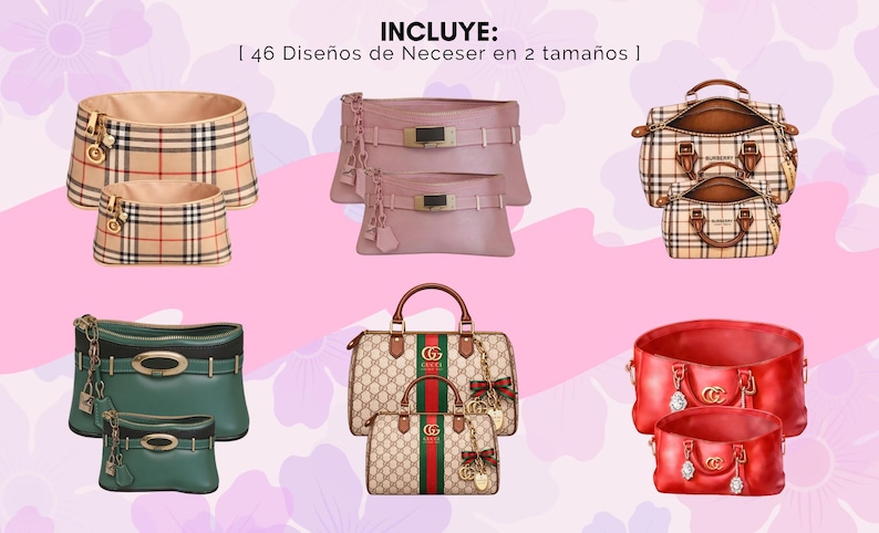 Pu&ograve; includere: Un assortimento di borse e trousse in vari stili e colori. L'immagine include borse con motivi a quadri, colori uniti e loghi di stilisti. Il testo "INCLUYE: | 46 Dise&ntilde;os de Neceser en 2 tama&ntilde;os |" &egrave; visibile.