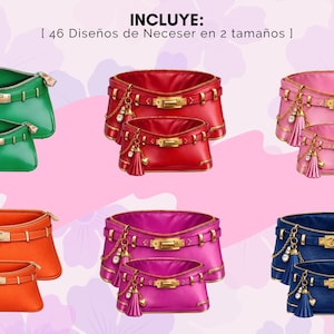 Pu&ograve; includere: Una collezione di trousse colorate in varie tonalit&agrave;, tra cui verde, rosso, rosa, arancione, viola e blu. Ogni borsa presenta elementi dorati e una borsa pi&ugrave; piccola abbinata. L'immagine include il testo "INCLUYE: | 46 Dise&ntilde;os de Neceser en 2 tama&ntilde;os |".