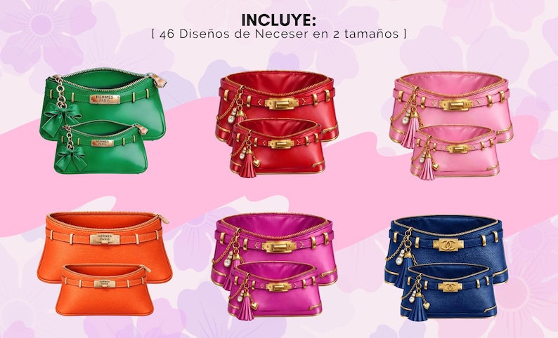 Pu&ograve; includere: Una collezione di trousse colorate in varie tonalit&agrave;, tra cui verde, rosso, rosa, arancione, viola e blu. Ogni borsa presenta elementi dorati e una borsa pi&ugrave; piccola abbinata. L'immagine include il testo "INCLUYE: | 46 Dise&ntilde;os de Neceser en 2 tama&ntilde;os |".
