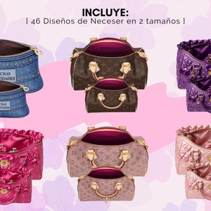 Pu&ograve; includere: Un assortimento di borse e trousse in vari colori e stili. L'immagine include borse in stile denim con ciondoli, borse marroni monogrammate, borse viola e rosa trapuntate e una borsa rosa chiaro. Il testo "MUCHAS FELICIDADES" &egrave; visibile sulle borse in denim.