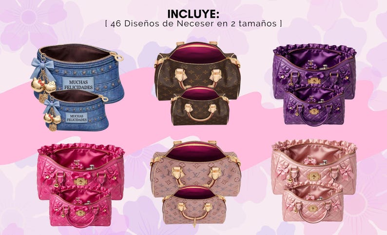 Pu&ograve; includere: Un assortimento di borse e trousse in vari colori e stili. L'immagine include borse in stile denim con ciondoli, borse marroni monogrammate, borse viola e rosa trapuntate e una borsa rosa chiaro. Il testo "MUCHAS FELICIDADES" &egrave; visibile sulle borse in denim.