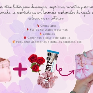 Pu&ograve; includere: Borsa rosa in stile Hermes con fiocco, rose rosse, una barretta Hershey's e uno scrunchie rosa. L'immagine include testo in spagnolo sull'assemblaggio di un contenitore regalo con cioccolatini, fiori, rossetti, accessori per capelli e piccoli regali.