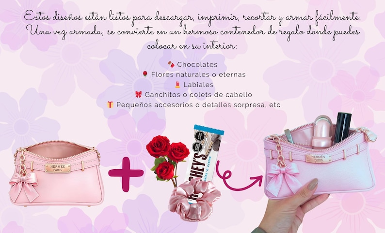 Pu&ograve; includere: Borsa rosa in stile Hermes con fiocco, rose rosse, una barretta Hershey's e uno scrunchie rosa. L'immagine include testo in spagnolo sull'assemblaggio di un contenitore regalo con cioccolatini, fiori, rossetti, accessori per capelli e piccoli regali.