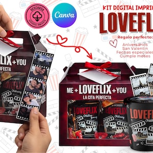 Puede incluir: Un kit de regalo digital imprimible etiquetado como "LOVEFLIX" con una caja burdeos, cinta y fotos de tiras de película. El kit incluye bocadillos y un vaso. El texto incluye "Me + Loveflix + You" y "La cita perfecta."