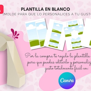 K&ouml;nnte beinhalten: Eine hellbeige, geometrische Papiervorlage mit dem Text "PLANTILLA EN BLANCO" und "EXTRA BONUS". Das Bild enth&auml;lt Beispielvorlagen mit Landschaftsbildern und dem Canva-Logo.