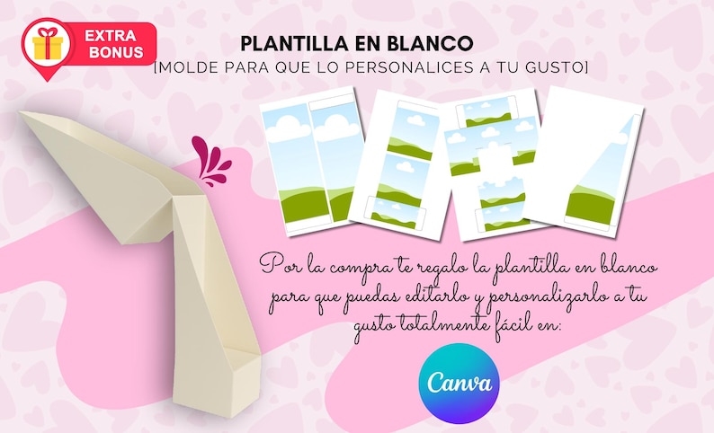 K&ouml;nnte beinhalten: Eine hellbeige, geometrische Papiervorlage mit dem Text "PLANTILLA EN BLANCO" und "EXTRA BONUS". Das Bild enth&auml;lt Beispielvorlagen mit Landschaftsbildern und dem Canva-Logo.