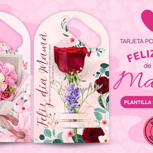 Tarjeta Porta Flores Feliz día Mamá, empaque para flores, regalo día de la madre, regalo personalizado, plantilla imprimible, porta flores
