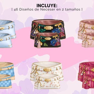 Pu&ograve; includere: L'immagine presenta set di due trousse per cosmetici in vari colori e fantasie: azzurro, floreale nero, floreale rosa, a quadri blu, floreale bianco e a righe rosa. Ogni borsa ha una chiusura e nappe dorate.