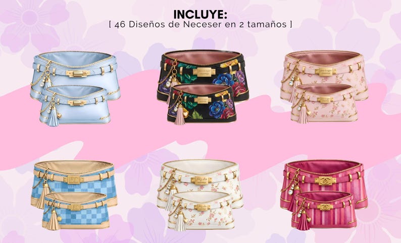 Pu&ograve; includere: L'immagine presenta set di due trousse per cosmetici in vari colori e fantasie: azzurro, floreale nero, floreale rosa, a quadri blu, floreale bianco e a righe rosa. Ogni borsa ha una chiusura e nappe dorate.