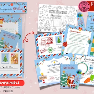 Puede incluir: Un kit imprimible con temática navideña con varios diseños, incluyendo a Papá Noel, árboles de Navidad y saludos festivos. El kit incluye tarjetas, páginas para colorear y un certificado, todo en un esquema de color azul y rojo. El texto incluye "Querido Santa" y "Feliz Navidad".