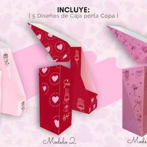 K&ouml;nnte beinhalten: Drei dekorative Geschenkboxen in Rosa und Rot mit Herz- und Schleifendesigns. Die Boxen sind mit "Modelo 1", "Modelo 2" und "Modelo 3" beschriftet. Der Text "INCLUYE: 5 Dise&ntilde;os de Caja porta Copa 1" steht oben.