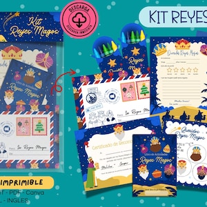 Puede incluir: Un kit imprimible con temática azul y dorada, con ilustraciones de los Reyes Magos. El kit incluye varias plantillas imprimibles, como cartas, certificados y páginas de actividades. El texto "Kit Reyes Magos" es visible.