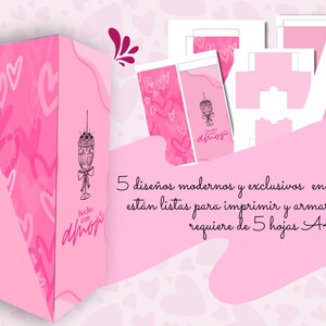 K&ouml;nnte beinhalten: Ein rosa-thematisches Bild mit einem geschichteten Dessert in einem Weinglas, einer Geschenkbox und gedruckten Designs. Das Dessert hat Schlagsahne, Schokoladenraspeln und einen Oreo-Keks. Die Box und die Designs haben ein Herzmuster.