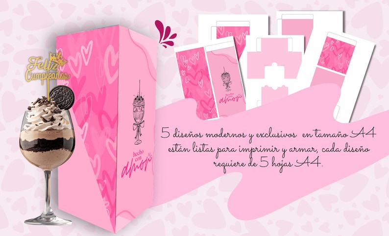 K&ouml;nnte beinhalten: Ein rosa-thematisches Bild mit einem geschichteten Dessert in einem Weinglas, einer Geschenkbox und gedruckten Designs. Das Dessert hat Schlagsahne, Schokoladenraspeln und einen Oreo-Keks. Die Box und die Designs haben ein Herzmuster.