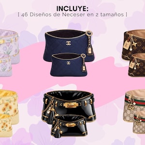 Pu&ograve; includere: Un assortimento di trousse per cosmetici in vari design e dimensioni. Le borse presentano esterni floreali, trapuntati e fantasia, con finiture dorate e nappe decorative. L'immagine include il testo "INCLUYE: | 46 Dise&ntilde;os de Neceser en 2 tama&ntilde;os |".