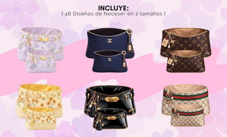 Pu&ograve; includere: Un assortimento di trousse per cosmetici in vari design e dimensioni. Le borse presentano esterni floreali, trapuntati e fantasia, con finiture dorate e nappe decorative. L'immagine include il testo "INCLUYE: | 46 Dise&ntilde;os de Neceser en 2 tama&ntilde;os |".