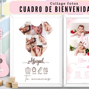 Puede incluir: Dos marcos de collage de fotos de bienvenida para bebé de color rosa y blanco con fotos de bebé, nombres y detalles. Los marcos están sobre un fondo blanco con una guitarra rosa y un tambor de juguete.