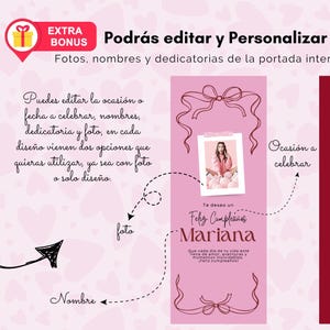 K&ouml;nnte beinhalten: Eine rosa Geschenkbox mit anpassbaren Geburtstagsdesigns. Die Box enth&auml;lt spanischen Text, darunter "Feliz Cumplea&ntilde;os Mariana" und "Podr&aacute;s editar y Personalizar." Sie bietet Platz f&uuml;r Fotos und Widmungen.