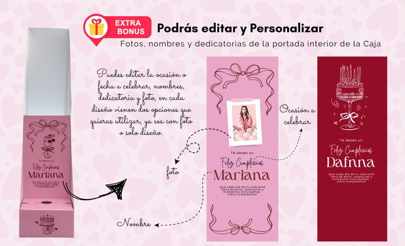 K&ouml;nnte beinhalten: Eine rosa Geschenkbox mit anpassbaren Geburtstagsdesigns. Die Box enth&auml;lt spanischen Text, darunter "Feliz Cumplea&ntilde;os Mariana" und "Podr&aacute;s editar y Personalizar." Sie bietet Platz f&uuml;r Fotos und Widmungen.