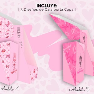 K&ouml;nnte beinhalten: Rosa Geschenkboxen mit dekorativen Mustern und Text. Eine Box zeigt ein Hasen- und Schleifendesign, w&auml;hrend die andere ein Herzmuster hat. Die Boxen sind mit "Modelo 4" und "Modelo 5" beschriftet. Der Text "INCLUYE: 5 Dise&ntilde;os de Caja porta Copa 1" ist ebenfalls sichtbar.