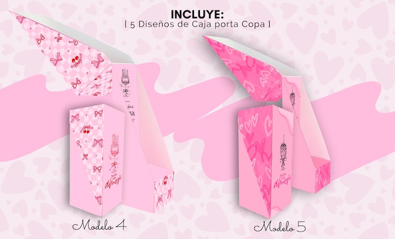 K&ouml;nnte beinhalten: Rosa Geschenkboxen mit dekorativen Mustern und Text. Eine Box zeigt ein Hasen- und Schleifendesign, w&auml;hrend die andere ein Herzmuster hat. Die Boxen sind mit "Modelo 4" und "Modelo 5" beschriftet. Der Text "INCLUYE: 5 Dise&ntilde;os de Caja porta Copa 1" ist ebenfalls sichtbar.