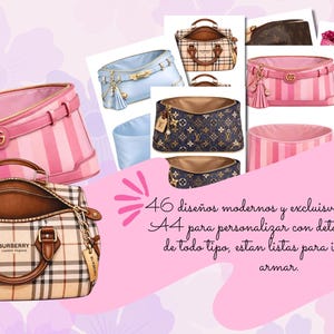 Pu&ograve; includere: Un assortimento di borse eleganti in vari design e colori, tra cui motivi a righe rosa, blu e a quadri marroni. L'immagine include anche testo in spagnolo: "46 design moderni ed esclusivi in formato A4..."