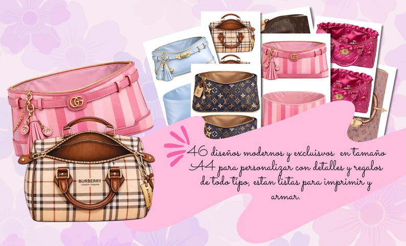 Pu&ograve; includere: Un assortimento di borse eleganti in vari design e colori, tra cui motivi a righe rosa, blu e a quadri marroni. L'immagine include anche testo in spagnolo: "46 design moderni ed esclusivi in formato A4..."