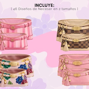 Pu&ograve; includere: L'immagine mostra quattro set di trousse per cosmetici in vari design. Le borse sono disponibili in due misure e presentano diversi motivi, tra cui strisce rosa, stampe floreali e un motivo a scacchi marrone. Ogni borsa ha un nappa decorativa e un dettaglio a forma di cintura.