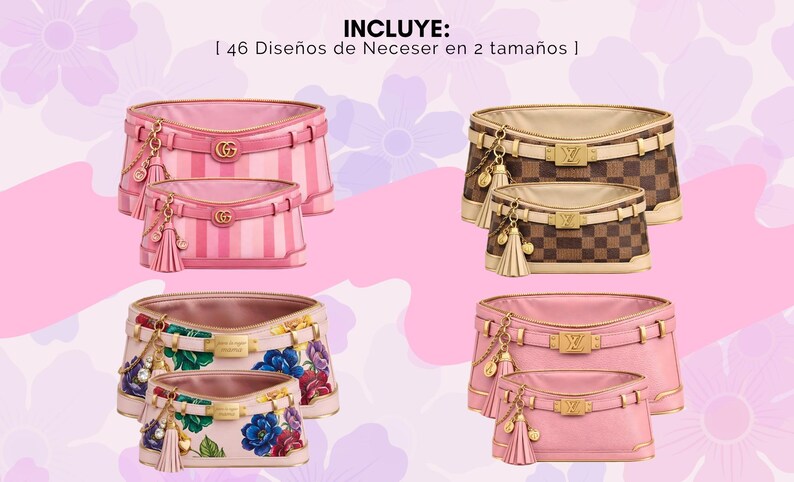 Pu&ograve; includere: L'immagine mostra quattro set di trousse per cosmetici in vari design. Le borse sono disponibili in due misure e presentano diversi motivi, tra cui strisce rosa, stampe floreali e un motivo a scacchi marrone. Ogni borsa ha un nappa decorativa e un dettaglio a forma di cintura.