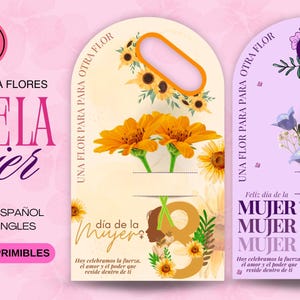 Peut inclure: Modèles de cartes florales imprimables pour la Journée de la Femme (Día de la Mujer) en espagnol et en anglais. Les motifs présentent des tournesols, des fleurs orange et une palette de couleurs rose et violet.