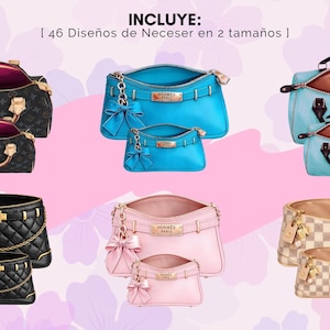 Pu&ograve; includere: Collezione di borse firmate in vari colori e stili, tra cui nero, blu, rosa e motivi a scacchi. Ogni borsa &egrave; mostrata in due dimensioni, con cerniere aperte che rivelano l'interno.