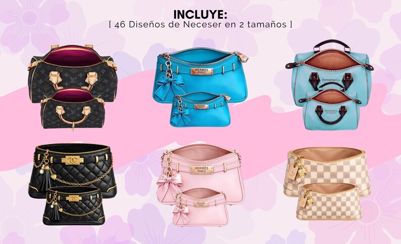 Pu&ograve; includere: Collezione di borse firmate in vari colori e stili, tra cui nero, blu, rosa e motivi a scacchi. Ogni borsa &egrave; mostrata in due dimensioni, con cerniere aperte che rivelano l'interno.