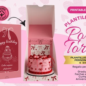 May include: Pink printable cake box template with a bow design. The box is open, revealing a decorated cake inside. Text includes "Happy birthday" and "Printable Template". The design is suitable for special occasions.