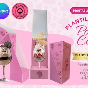 May include: Pink printable template for a glass holder, featuring a glass of dessert and decorative boxes. The design includes the text "PLANTILLA CAJA Porta Copa" and "PRINTABLE TEMPLATE". The template is designed for special occasions.