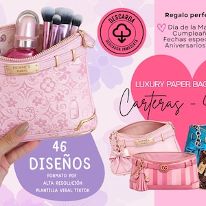 May include: A pink cosmetic bag with gold accents, filled with makeup brushes, lip gloss, and perfume. The bag has a Hello Kitty charm and the text "HERMES PARIS". The image also displays other bag designs and the text "46 DESIGNS".