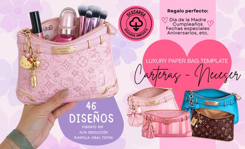 Pu&ograve; includere: Un beauty case rosa con dettagli dorati, pieno di pennelli per il trucco, lucidalabbra e profumo. La borsa ha un ciondolo Hello Kitty e la scritta "HERMES PARIS". L'immagine mostra anche altri modelli di borse e la scritta "46 DISE&Ntilde;OS".