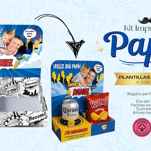 Puede incluir: Un kit imprimible azul y amarillo para el Día del Padre, con el texto "¡FELIZ DÍA PAPÁ!" y "SUPER DANIEL". Incluye plantillas editables con cuatro diseños, una lata de Corona Extra y una bolsa de patatas fritas Ruffles.