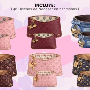 Pu&ograve; includere: Collezione di trousse per cosmetici in vari colori e fantasie. Le borse presentano design rosa, bordeaux, denim e marroni, alcuni con dettagli e ciondoli dorati. Il testo "INCLUYE: | 46 Dise&ntilde;os de Neceser en 2 tama&ntilde;os |" &egrave; visibile.