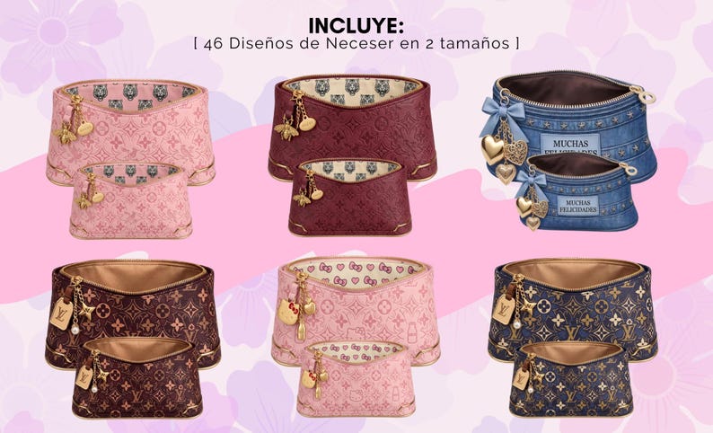Pu&ograve; includere: Collezione di trousse per cosmetici in vari colori e fantasie. Le borse presentano design rosa, bordeaux, denim e marroni, alcuni con dettagli e ciondoli dorati. Il testo "INCLUYE: | 46 Dise&ntilde;os de Neceser en 2 tama&ntilde;os |" &egrave; visibile.