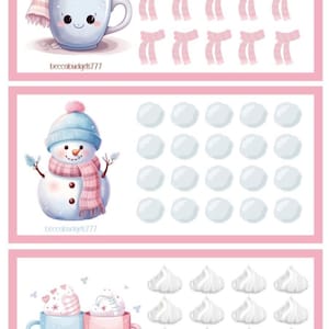 Può includere: Foglio di adesivi a tema invernale con una tazza sorridente e una sciarpa, un pupazzo di neve e due tazze con panna montata. Include anche sciarpe rosa, palle di neve e disegni di panna montata.