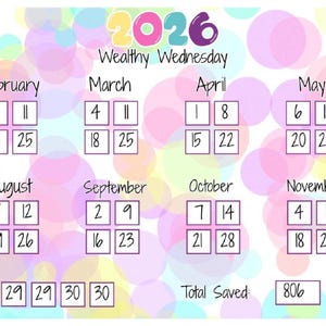 May include: A colorful 2026 calendar with a Wealthy Wednesday theme. The calendar features monthly grids with dates, set against a backdrop of pastel-colored circles. The total saved amount is 806.