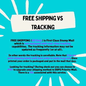 May include: A blue and white graphic with the text "FREE SHIPPING VS TRACKING". The graphic explains that free shipping is First Class Stamp Mail, which is not equipped with real-time tracking capabilities. The tracking information may not be updated as frequently (or at all).