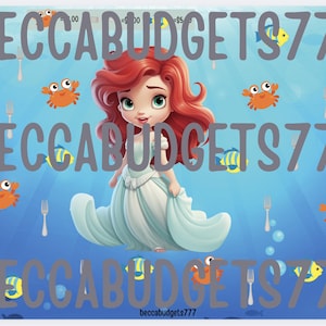 May include: A digital illustration of a young girl with long red hair wearing a blue and white dress. The background is a blue ocean with yellow fish, orange crabs, and silver forks. The text "Beccabudgets777" is repeated three times in gray.