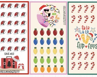 May include: Three colorful Christmas-themed budget sheets. One features Santa hats and numbers, another a flamingo with lights, and the last candy canes and flip-flops. Each sheet has a unique design.