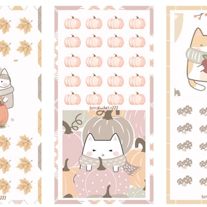 May include: Three digital printable sheets featuring cute cats in autumn-themed outfits. The first sheet features a cat wearing a hat, glasses, and a scarf holding a pumpkin. The second sheet features a cat wearing a scarf sitting on a pile of pumpkins. The third sheet features a cat wearing a scarf holding an apple. Each sheet has a repeating pattern of autumn-themed elements.