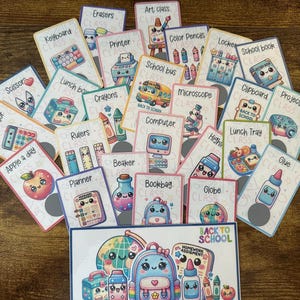 May include: A set of 24 colorful cards with cute cartoon illustrations of school supplies. Each card has a different school supply, such as a calculator, scissors, crayons, and a globe. The cards are labeled with the name of the school supply and the words "Back to School".
