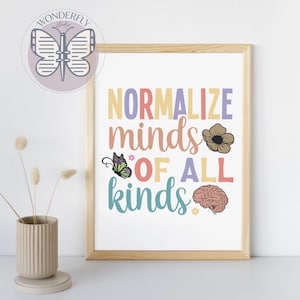 Puede incluir: Un estampado enmarcado con las palabras "NORMALIZE minds OF ALL kinds" en letras coloridas. El estampado incluye ilustraciones de una mariposa, una flor y un cerebro. El marco es de color marrón claro y el fondo es blanco.