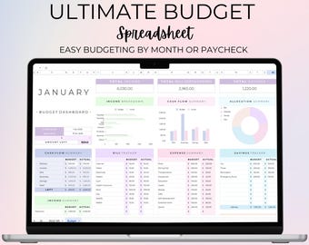 May include: A laptop displays a budget spreadsheet with the title "ULTIMATE BUDGET Spreadsheet." The screen shows a detailed financial plan, including income, expenses, and savings trackers. The design is clean, with a pastel color scheme and clear headings.