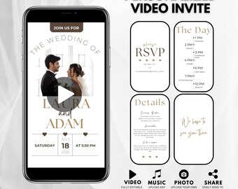 May include: A personalised wedding video invitation template with a gold and white colour scheme. The template features a play button, the couple's names, the date and time of the wedding, and an RSVP section. The template is fully editable and can be customised with your own photos, videos, and music.