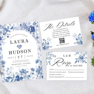Toile Wedding Invitation Bundle Template, Printable Blue Flowers Invite Set, Qr code Rsvp, Editable Floral Wedding Invite suite Traditional